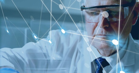 Poster - Image of network of connections over caucasian male scientist working in lab
