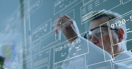 Poster - Image of data processing over caucasian male scientist working in lab