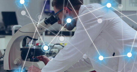 Poster - Image of network of connections over caucasian male scientist working in lab