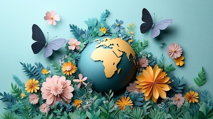 Poster - Earth globe pastel tones decorated vibrant flowers and papercut butterflies floating around The clean background highlights the serenity of World Environment Days message of environmental protection
