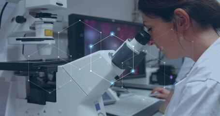 Poster - Image of network of connections over caucasian female scientist working in lab