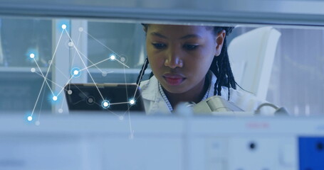 Poster - Image of network of connections over african american female scientist working in lab