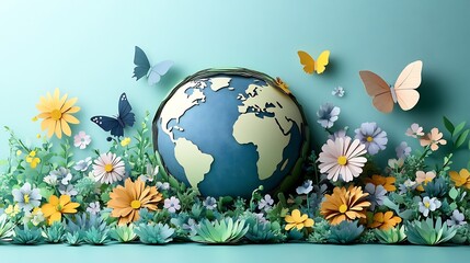 Poster - Earth globe soft papercut style surrounded by colorful flowers and butterflies on a clean background This design highlights the peaceful essence of World Environment Day and environmental care