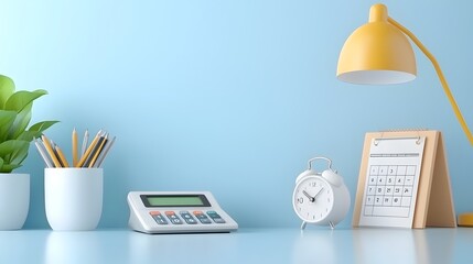 Aufkleber - Collection of Minimalist 3D Cartoon Office Icons Featuring a Calculator Chair Calendar Printer and Lamp with Clean Lines Simplified Shapes