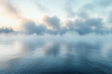 Wall Mural - Misty morning by the river with soft clouds and calm water reflections