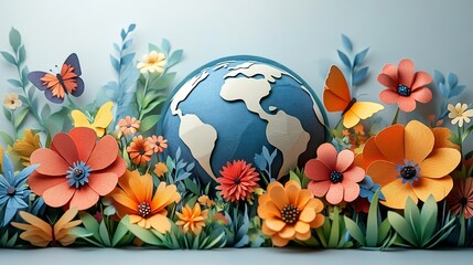 Poster - Earth globe vibrant flowers and butterflies created in papercut style on a minimalist white background celebrating biodiversity and nature conservation for World Environment Day