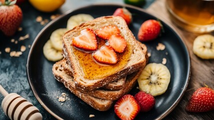 Poster - Toast with Honey and Fresh Fruits on a Dark Plate