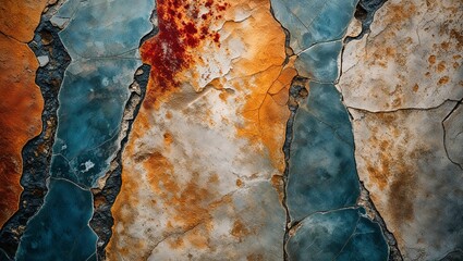 Sticker - Abstract texture of cracked and weathered stone with blue, orange, and brown colors.