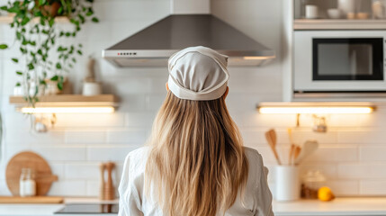 A woman in white chefs hat stands in modern kitchen, gazing at stove. bright, airy space features wooden shelves, plants, and kitchen utensils, creating warm atmosphere