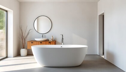 modern and minimalist bathroom with a large freestanding bathtub, a round mirror, and a wooden vanity. a neutral color palette with white walls and concrete flooring created with generative Ai