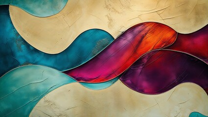 Sticker - Abstract art with vibrant colors, featuring curved shapes in shades of blue, red, and purple.