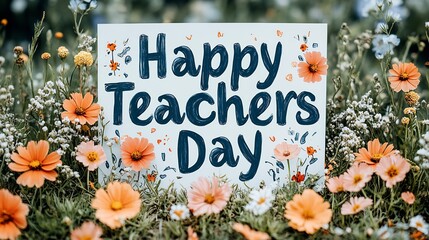 Poster - Elegant Happy Teachers Day greeting card featuring soft flowers bold text on a pristine white background The design is simple yet warm offering a perfect tribute to teachers on their special day