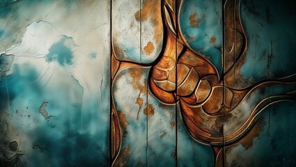 Canvas Print - Abstract art with brown and blue colors, carved into a wooden surface.