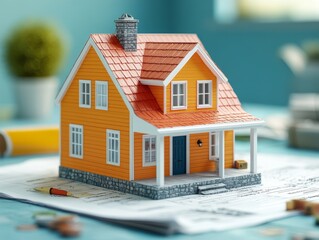 Poster - model house on designs document on top of architectural drawings
