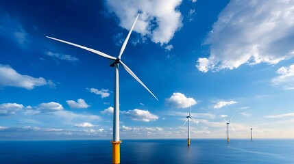 Poster - Towering offshore wind turbines standing tall in the ocean harnessing the power of wind to generate renewable clean electricity and energy for the utility grid