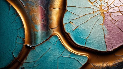 Canvas Print - A close-up of a ceramic surface with cracks and gold accents.