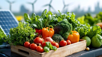 Aufkleber - Rooftop garden with solar panels and wind turbines in the background emphasizing green living and renewable energy solutions for sustainable urban environments