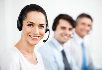 Aufkleber - Business people, customer service and woman with headphones, call center and telemarketing with help desk. Employees, consulting agency and coworkers with headset, professional and technical support