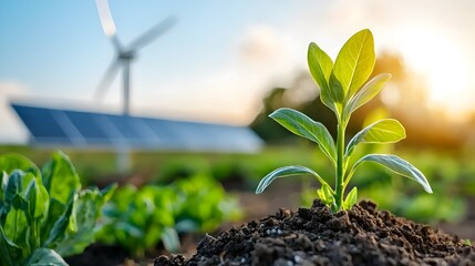 Poster - Rooftop garden with solar panels and wind turbines in the background highlighting the of green living and renewable energy solutions in an urban environment