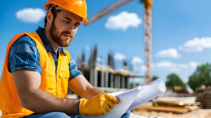 Aufkleber - Construction Engineer in Safety Gear Holding Blueprints at a Construction Site with an Industrial Crane in the Background Showcasing the Progress of a Building or Infrastructure Development Project