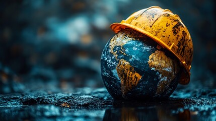 Poster - Engaging visual of Earth adorned with a construction helmet representing a commitment to workplace safety and health perfect for promoting the World Day of Safety and Health at Work