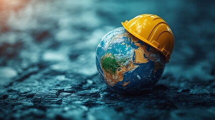 Poster - Engaging visual of Earth adorned with a construction helmet representing a commitment to workplace safety and health perfect for promoting the World Day of Safety and Health at Work