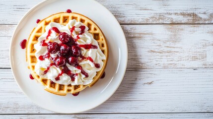 Aufkleber - Delicious Waffle with Cream and Berries on White Plate