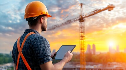 Fototapete - Engineer Standing on Construction Site Using Tablet to Cross check Building Plans and Monitor Progress of Large scale Infrastructure Development Project Involving Heavy Machinery Like Crane