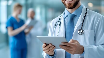 Poster - Healthcare team in a hospital consulting with each other using digital tablets to access and analyze patient records and data discussing treatment plans and collaborating on medical care solutions