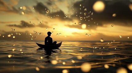 Poster - a person peacefully sits in a small boat on calm waters during sunset, surrounded by warm colors and