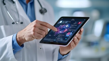 Aufkleber - Doctor Reviewing Real Time Patient Health Data Displayed on Tablet During Hospital Rounds for Medical Diagnosis and Treatment
