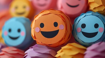 Poster - Engaging visual paper cut happy faces and colorful feedback icons celebrating child wellness and mental health themes for World Mental Health Day perfect for a website header design