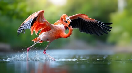 Poster - Majestic flamingo bursting from the still waters of a secluded lake its expansive wings outstretched in a captivating display of motion