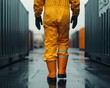 © Wed - Worker in yellow protective suit walking between shipping containers