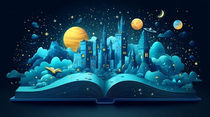 Poster - Flat design World Book Day illustration an open book unleashing a cascade of fantasy stories