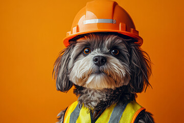 Wall Mural - Cute Construction Canine Adorable Dog in Safety Gear, Funny Occupational Mascot Concept, Cinematic Studio Portrait on Orange Background