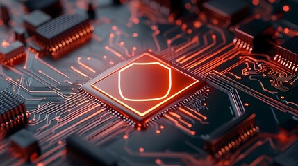 Fototapete - Futuristic digital infrastructure and data flow with a glowing shield icon for a secure cyber security system  Intricate wiring circuit boards