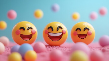 Poster - Fun playful 3D emojis different expressions floating on a colorful backdrop Designed as a banner for World Smile Day with ample space for text on the left perfect for mental health campaigns