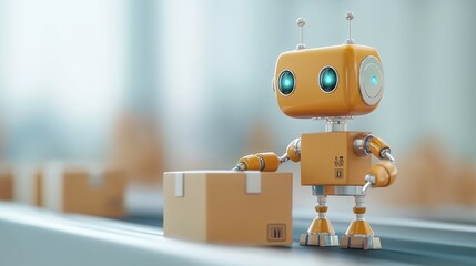Poster - The Future of Logistics: A friendly, yellow robot diligently pushes a cardboard box along a conveyor belt, symbolizing the automation and efficiency of modern warehousing.  