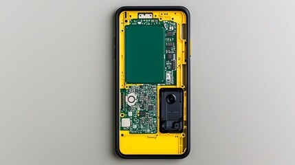 Poster - Close up cross sectional view of the internal components and engineering design of a modern high tech smartphone including the other digital hardware