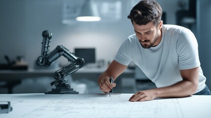 Poster - The Future of Engineering: A focused engineer meticulously sketches a design blueprint, his gaze intense as he collaborates with a cutting-edge robotic arm.