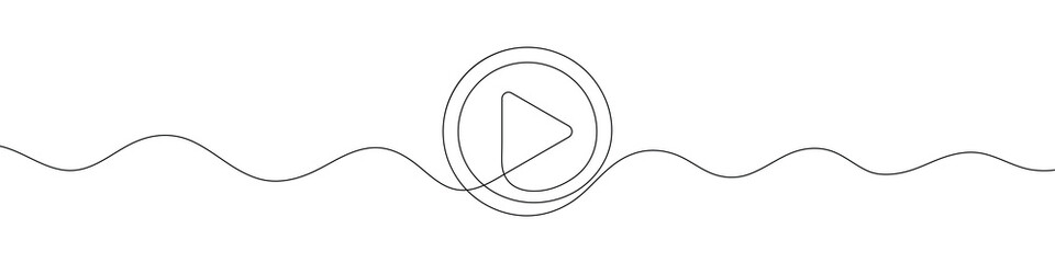 Continuous line drawing of play icon. Media, Video or music player button in linear style. One line drawing. Single line art. Vector illustration.