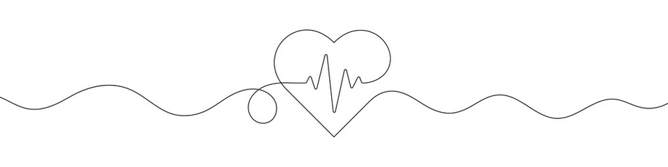 continuous line drawing of heart with heartbeat. pulse trace. cardiogram icon. one line drawing. sin