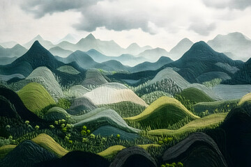 Stunning joyful mountain range in green and grey landscape textile art.