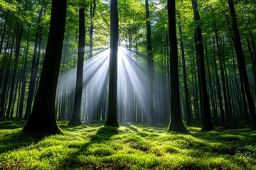 Poster - Ethereal forest scene, with light breaking through mist, creating a dreamlike quality