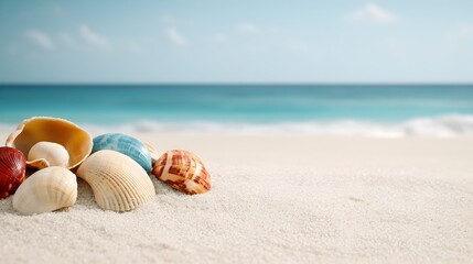Poster - Serene tropical beach with powdery white sand colorful seashells scattered along the shore and a hazy dreamy backdrop evoking a sense of tranquility captured in a cinematic