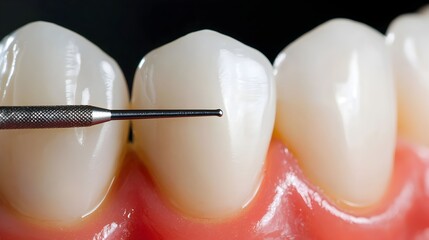 Poster - Highly Detailed and Precise Close up Image of a Human Tooth with a Metal Dental Explorer Tool Gently Probing the Enamel Surface against a Crisp White Background