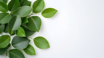 Poster - Delicate circular arrangement of lush verdant green Ficus Benjamina leaves with graceful hanging branches on a pure white background with precise clipping path natural botanical still life
