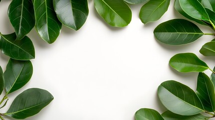 Poster - Lush verdant Ficus Benjamina leaves arranged in a delicate circular botanical composition framed by the weeping fig foliage and set against a clean pristine white background with clipping path