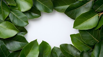 Poster - Beautifully framed circular arrangement of vibrant graceful Ficus Benjamina leaves set against a crisp white background with a clipping path showcasing the elegant